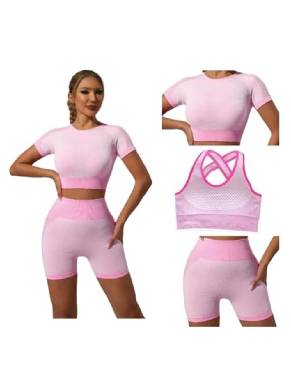 3 Piece Seamless Workout Set for Women Ribbed Gym Outfit with Sports Bra, Crop